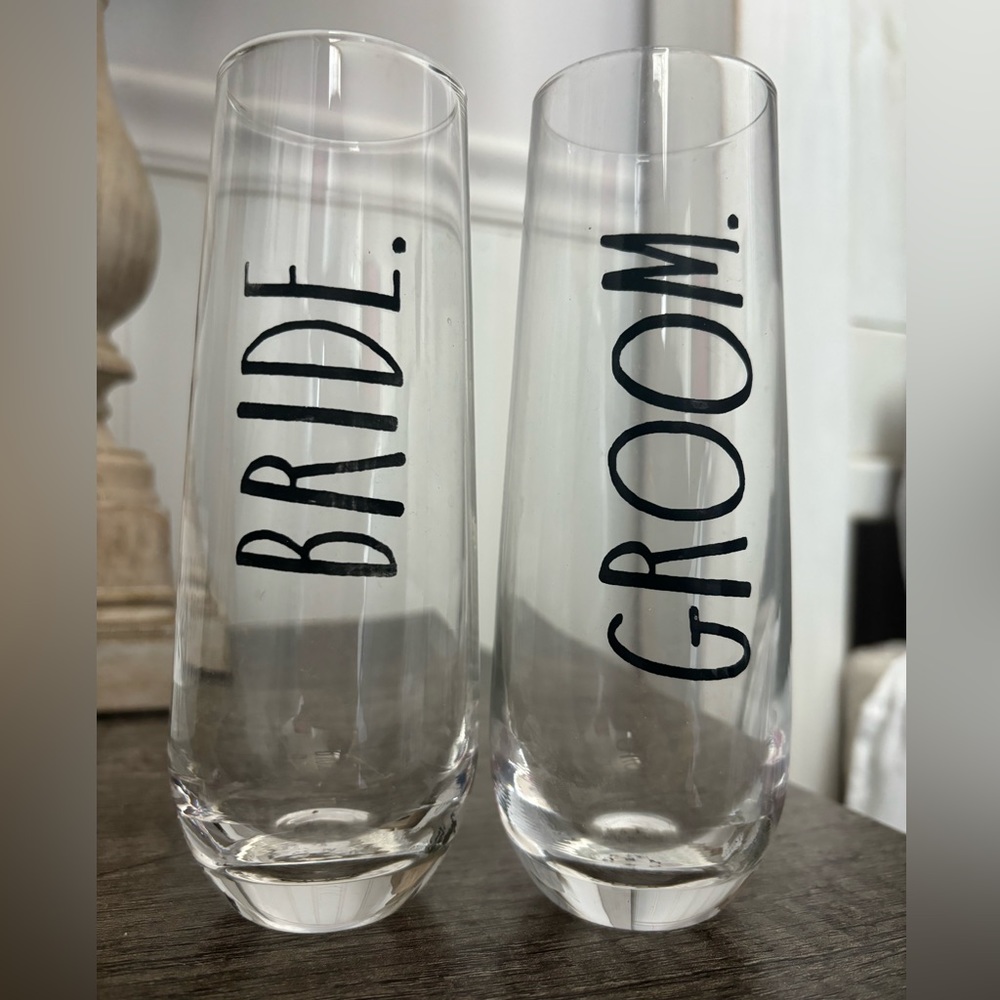 Rae Dunn “Bride” and “Groom” Champagne Flutes